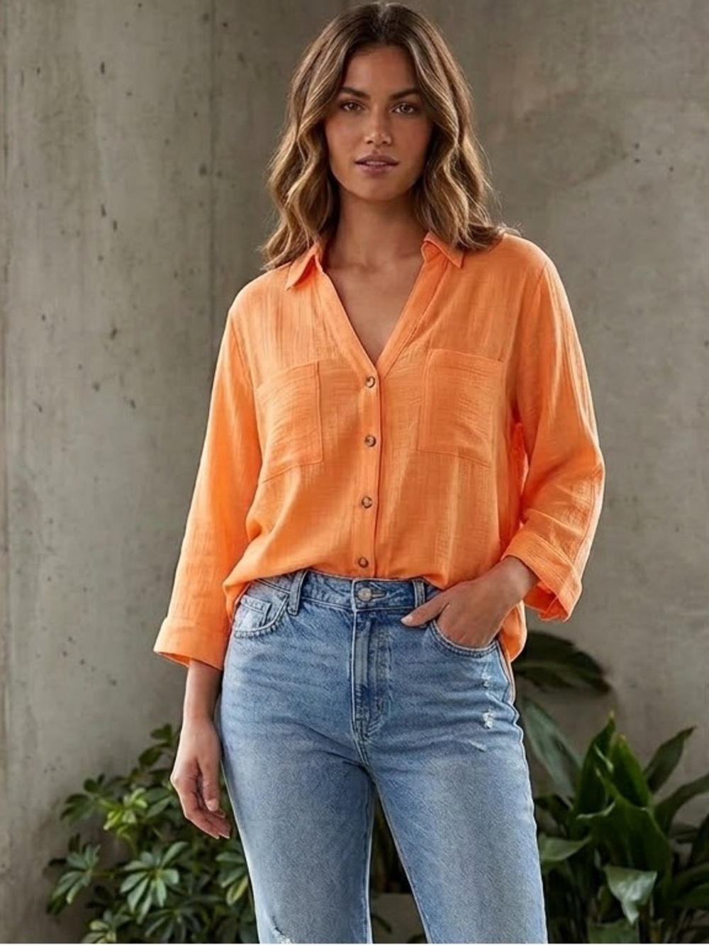 New BCX Coastal Orange Sheer Button Down Top Roll Tab Sleeve Pocket Blouse
